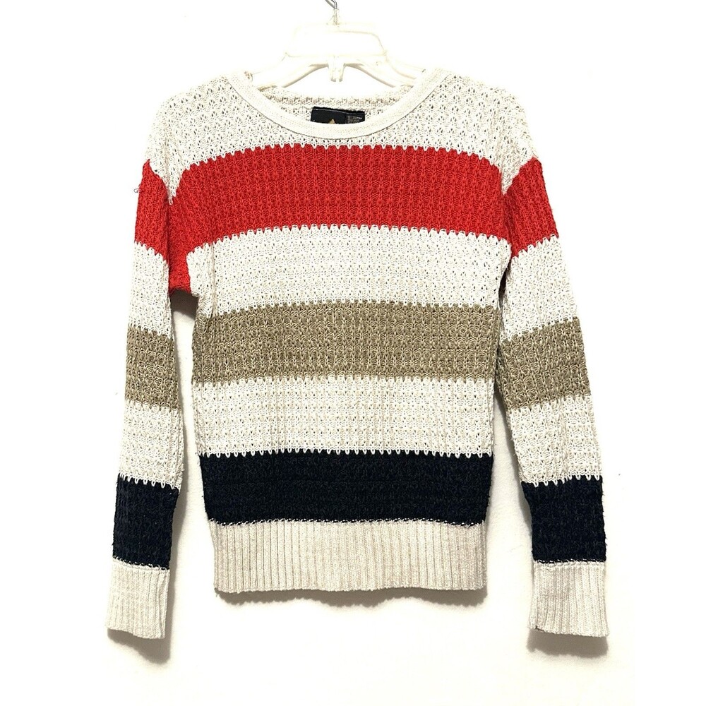 Liz Claiborne Knit Sweater Pullover Thick Stripes Striped Cream Beige Red Navy S